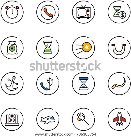 line vector icon set - alarm clock vector, phone, tv, account history, money bag, sand, first satellite, luck, anchor, sickle, abacus, plane toy, horse stick