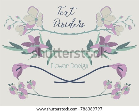 Delicate Colorful Hand Drawn Floral Text Dividers, Line Borders with Flowers. Decorative Outlined Vector Illustration. Flower Design Elements. Lily Flower, Cherry Blossom, Calla,Orchid