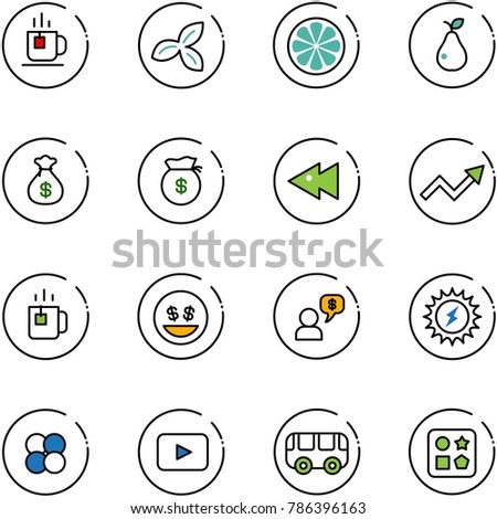 line vector icon set - tea vector, three leafs, lemon slice, pear, money bag, fast backward, growth arrow, green, smile, dialog, sun power, atom core, playback, toy bus, cube hole
