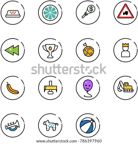 line vector icon set - taxi vector, lemon slice, money torch, tractor way road sign, fast backward, gold cup, moon flag, king, banana, milling cutter, balloon smile, excavator toy, horn, horse