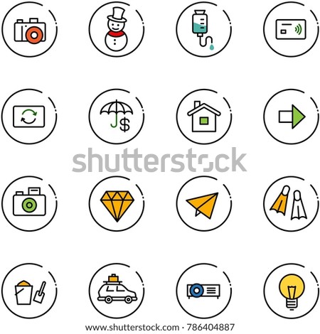 line vector icon set - camera vector, snowman, drop counter, tap pay, card exchange, insurance, home, right arrow, diamond, paper fly, flippers, bucket scoop, car baggage, projector, bulb