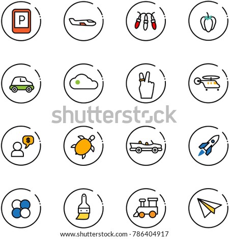line vector icon set - parking sign vector, small plane, garland, sweet pepper, car, cloud, victory, helicopter, money dialog, sea turtle, cabrio, rocket, atom core, brush, toy train, paper