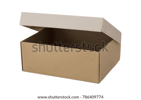 Opened craft shoe box container isolated on white background.