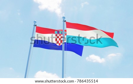 Luxembourg and Croatia, two flags waving agaist blue sky. 3d image