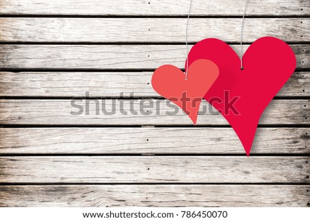 Red Hearts Hanging On Old White Painted Wood Wall