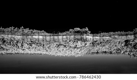 A lake with its surrounding reflected in it, in black and white, shot in infrared 
