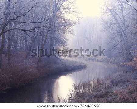 Frosty winter landscape on a canal in the morning.