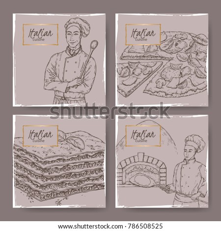 Set of four Italian cuisine vintage labels with cook, baker, pizza and lasagna sketch. Great for pizzeria, bakery and restaurant, cafe ads, brochures, labels.