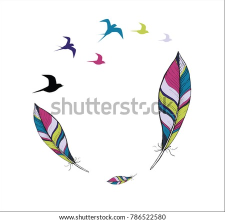 Birds and feathers in the shape of round