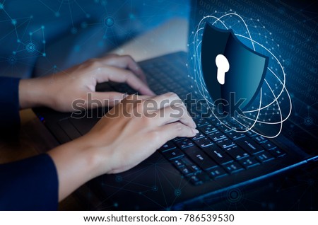Press enter button on the keyboard computer Shield cyber Key lock security system abstract technology world digital link cyber security on hi tech Dark blue background, lock finger Keyboard Royalty-Free Stock Photo #786539530