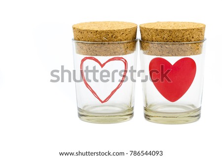 Heart glass bottle On a white background, Valentine's Day Concept is used to decorate a card of love.