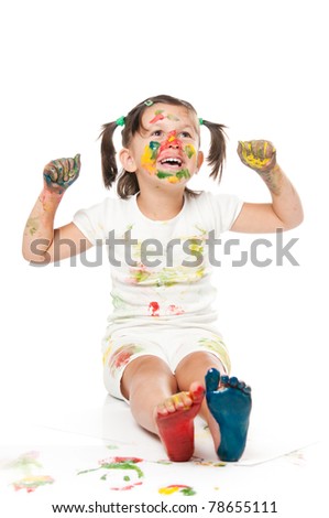 Happy little girl painting with colors isolated on white background