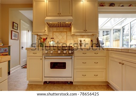 Yellow white kitchen with large stove