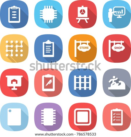 flat vector icon set - clipboard vector, chip, presentation, store signboard, shop, pen, pallet, surfer, cutting board, list