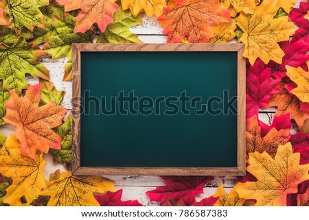 blank screen chalkboard on autumn leaf texture background with free copy space for your creativity ideas texts