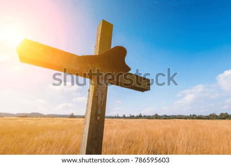 wooden cross religion symbol at a hiking trail in Belgium, Hohes Venn