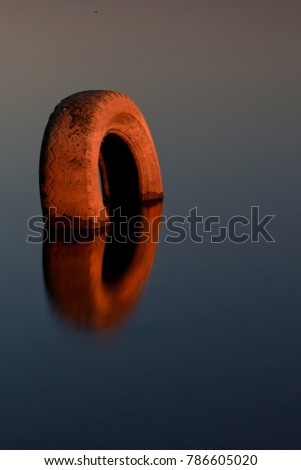 discarded tire in lake with golden reflection