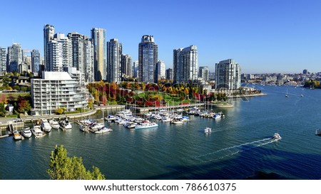 Autumn landscape of false creek in Vancouver downtown, BC, Canada