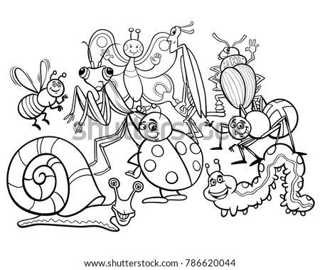Black and White Cartoon Illustration of Insects and Bugs Animal Comic Characters Group Coloring Book