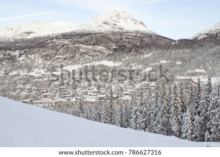 Beautiful norwegian winter landscape from ski slope on valley of Hemsedal Buskerud Norway