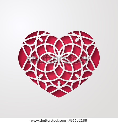 Abstract ornamental heart shaped 3d decoration with shadow. Cutout lacy ornate heart. Valentine's day greeting card. Laser cutting design element. Vector illustration