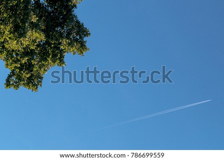 The plane flies high in the sky and leaves a white trail