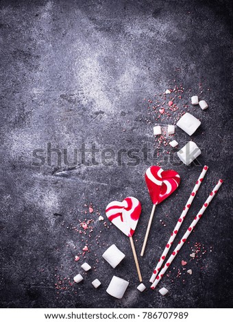 Valentine's Day background with hearts and sweets. Top view