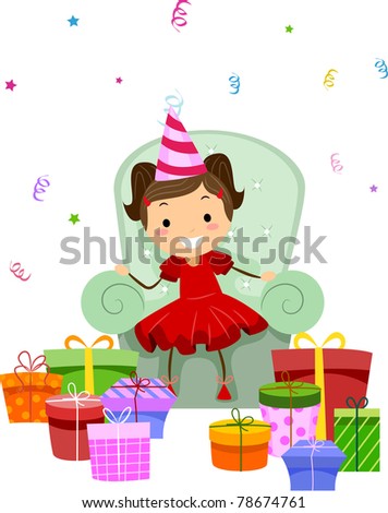 Illustration of a Little Girl Looking at Her Gifts