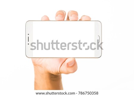 Side view of relaxed right hand of young human male hold beautiful modern blank screen smartphone in a palm isolated on abstract blurred white background. Detailed closeup studio shot