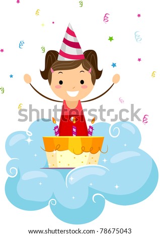 Illustration of a Kid Looking Happily at Her Birthday Cake