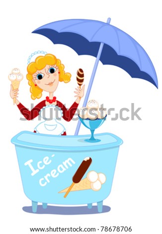 The girl sells ice-cream. Vector illustration. Isolated on white.