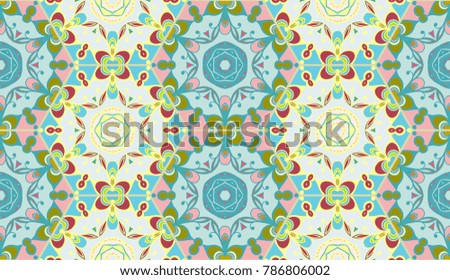 Colorful seamless pattern in mosaic style. Abstract hand drawn art, stylized floral doodle background. Tribal ethnic arabic, indian ornament. Vector patchwork quilt pattern. Textile fabric paper print