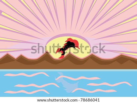 dawn on the sea and dolphins. Illustration.