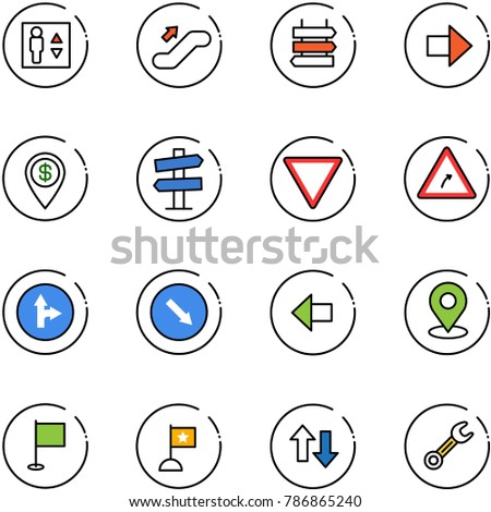 line vector icon set - elevator vector, escalator up, sign post, right arrow, dollar pin, road signpost, giving way, turn, only forward, detour, left, map, flag, down arrows, wrench