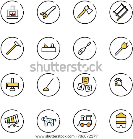 line vector icon set - fireplace vector, saw, axe, bucksaw, mason hammer, jointer, chisel, wood drill, milling cutter, hoe, abc cube, horse stick toy, xylophone, train, block house
