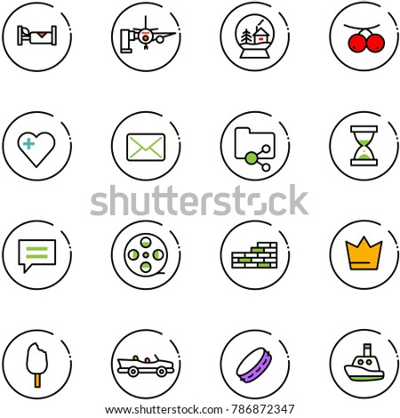 line vector icon set - hotel vector, boarding passengers, snowball house, rowanberry, heart, mail, shared folder, sand clock, chat, film coil, brick wall, crown, ice cream, cabrio, tambourine