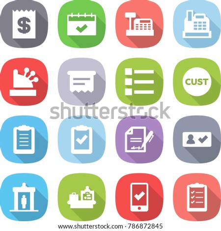 flat vector icon set - receipt vector, calendar, cashbox, atm, list, customs, clipboard, check, inventory, in, detector, baggage checking, mobile