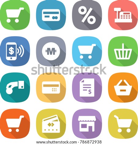 flat vector icon set - cart vector, card, percent, cashbox, phone pay, crypto currency, basket, hand coin, credit, account balance, remove from, shop