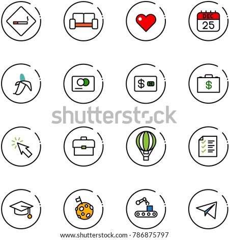 line vector icon set - smoking area sign vector, vip waiting, heart, 25 dec calendar, banana, credit card, money case, cursor, portfolio, air balloon, list, graduate hat, moon flag, conveyor