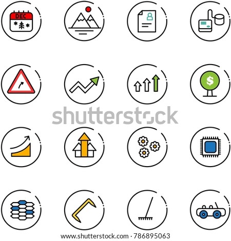 line vector icon set - christmas calendar vector, mountains, patient card, tonometer, turn right road sign, growth arrow, arrows up, money tree, rise, flower, cpu, carbon, staple, rake, toy car