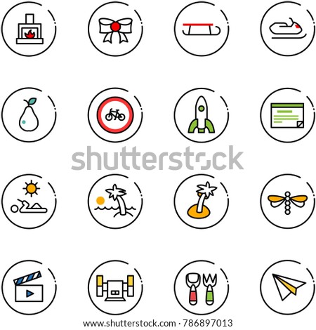 line vector icon set - fireplace vector, bow, sleigh, snowmobile, pear, no bike road sign, rocket, schedule, reading, palm, dragonfly, movie flap, sharpening, shovel fork toy, paper plane