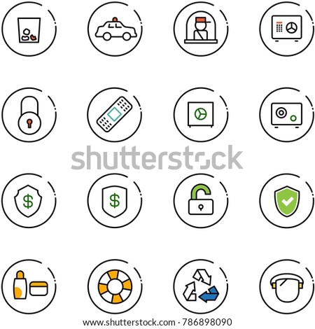 line vector icon set - trash vector, safety car, officer window, safe, lock, medical patch, unlocked, shield check, uv cream, lifebuoy, recycling, protect glass