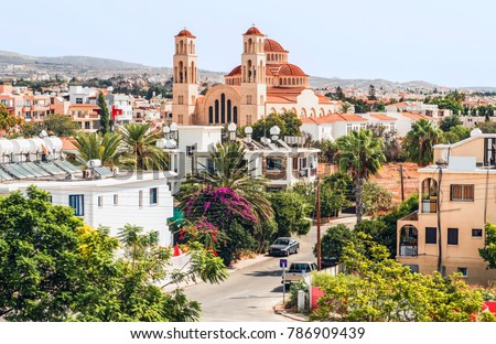 View of Paphos with the Orthodox Cathedral of Agio Anargyroi, Cyprus. Royalty-Free Stock Photo #786909439
