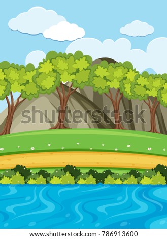 Park scene with trees and mountains at daytime illustration