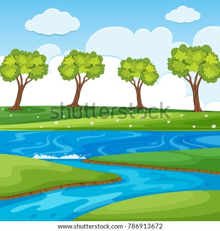 Nature scene with river and field illustration