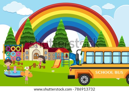 School scene with students and bus illustration