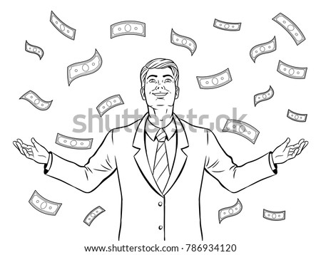 Businessman and money rain coloring book vector illustration. Isolated image on white background. Comic book style imitation.
