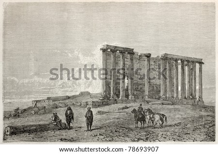 Old illustration of Zeus and Cybele temple, view from north side, Aizani, Turkey. Created by Gaiaud, published on Le Tour du Monde, Paris, 1864