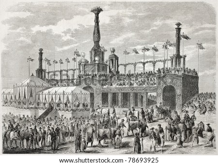 Old illustration of Stuttgart feast in presence of Napoleon III and Alexandr II. Created by Gaiuldrau, published on L'Illustration Journal Universel, Paris, 1857