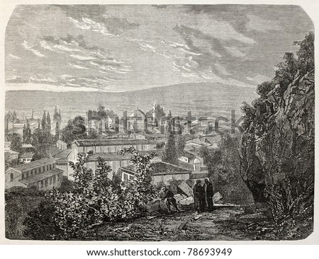 Old view of Bursa, Turkey, with mosque and sultan's Mourad grave. Created by Gaiaud, published on Le Tour du Monde, Paris, 1864